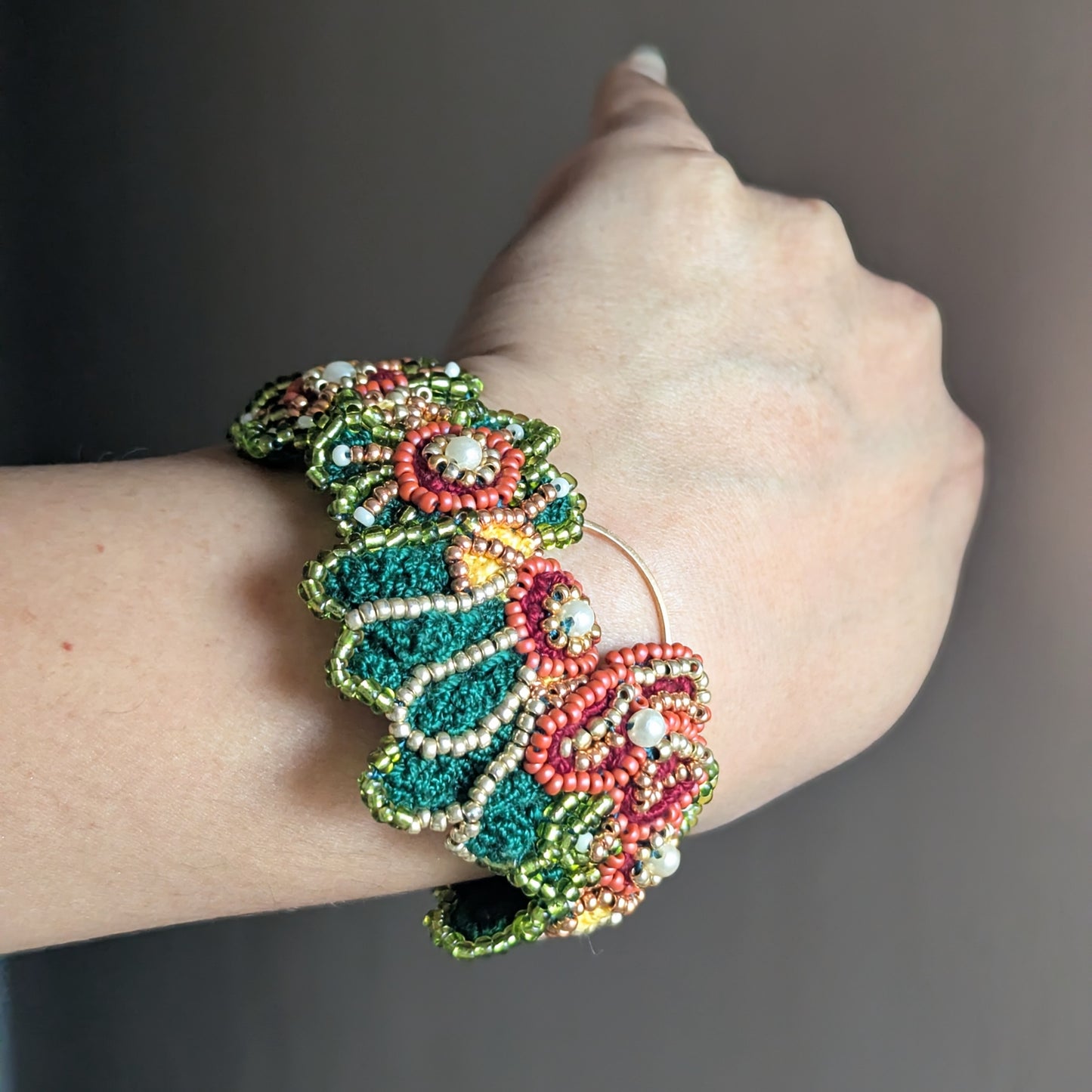 Rukmini handmade statement cuff style bracelet worn  - conscious luxury Indian jewellery handcrafted in the UK by Mayaani Jewellery.