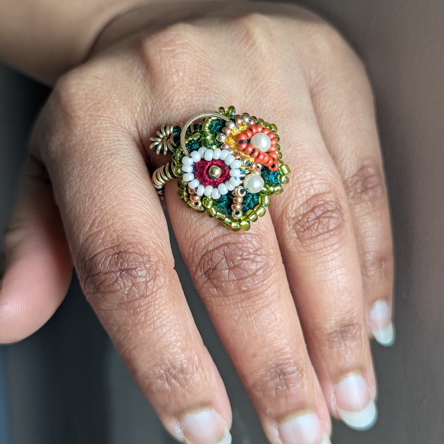 Rukmini worn as a standalone cocktail ring - Mayaani 5-in-1 indian hand bracelet showing versatile wearing options.