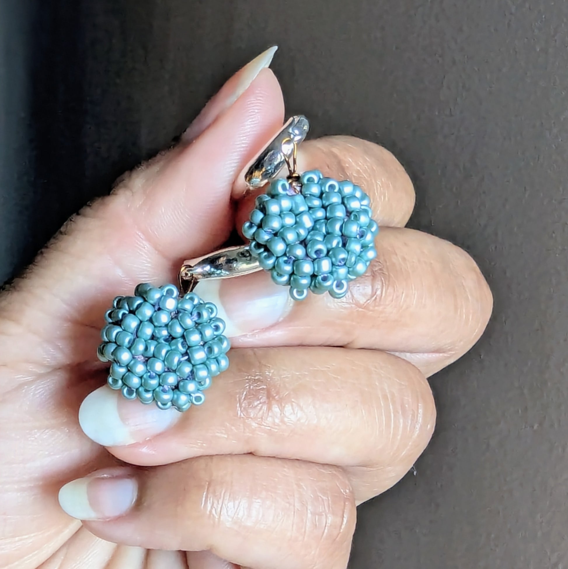 Masi Nila handcrafted blue beaded earrings made with Egyptian cotton and glass seed beads by Megha of Mayaani Jewellery UK.