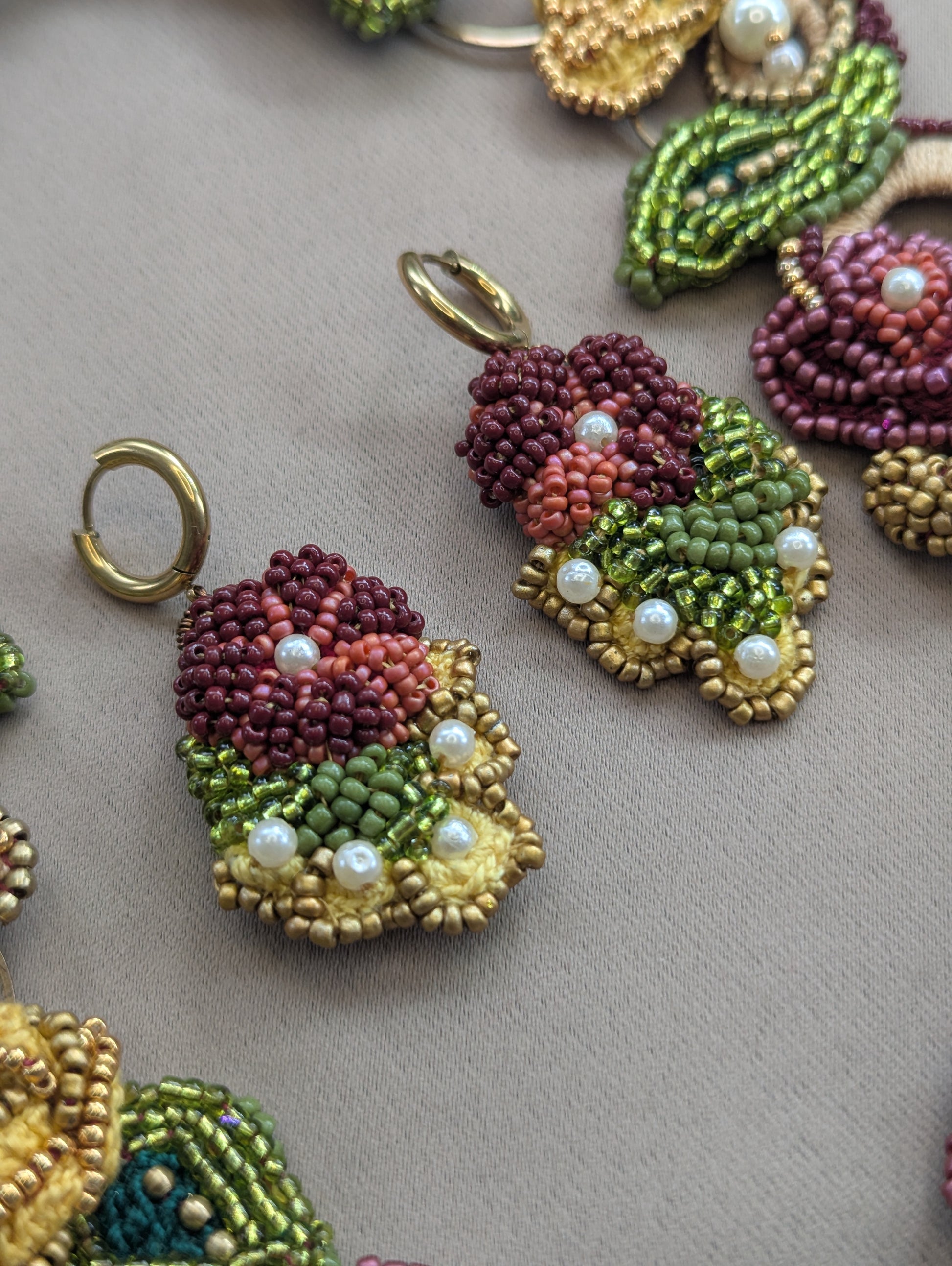 Rukmini handmade earrings and botanical necklace by Mayaani Jewellery - one of a kind Indian inspired conscious luxury jewellery set, handcrafted in the UK.
