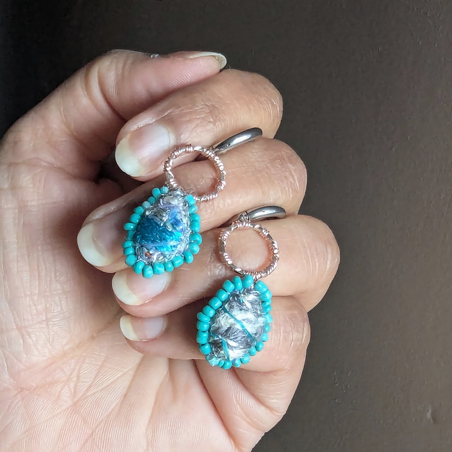 Tarini artisan handcrafted scrap bead ocean inspired earrings featuring texture art heirloom fragments.