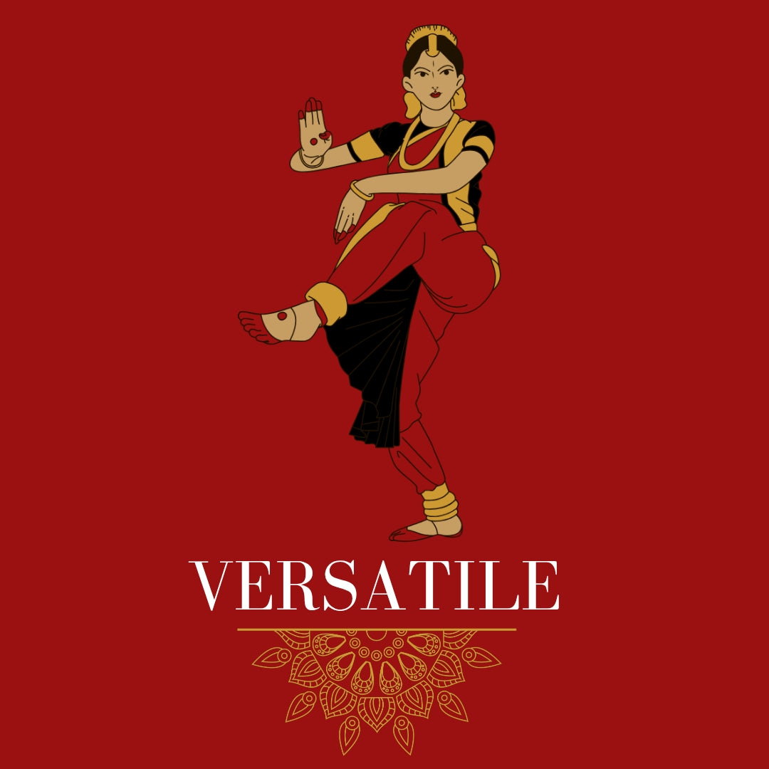 Illustration of a classical Bharatanatyam dancer standing on one leg holding a complex pose representing the versatility in several large Indian heritage inspired jewellery pieces from Mayaani Jewellery UK which bridge the gap between traditional single wear jewellery and the modern desire for more sustainable multi wear pieces.